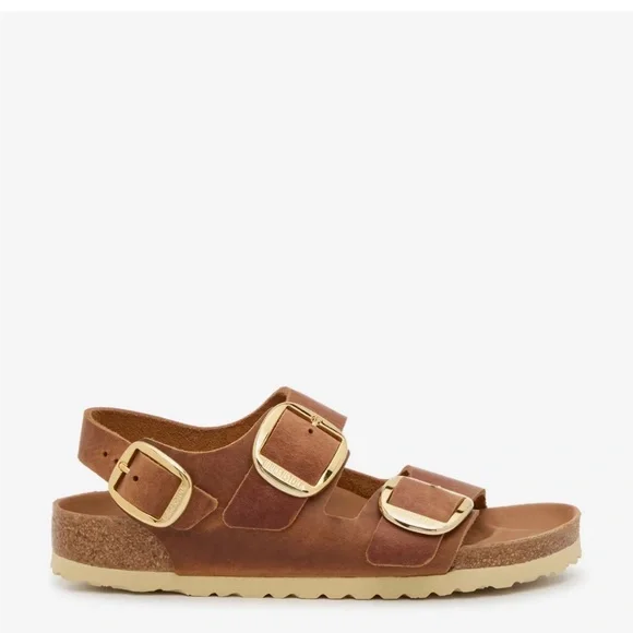 Birkenstock Milano Big Buckle Sandals in Nubuck/Gold - Picture 1 of 10